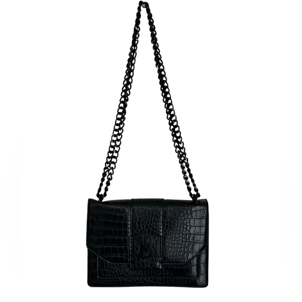 Badgley Mischka Croc Embossed Chain Black Crossbody Shoulder Hybrid Purse Bag